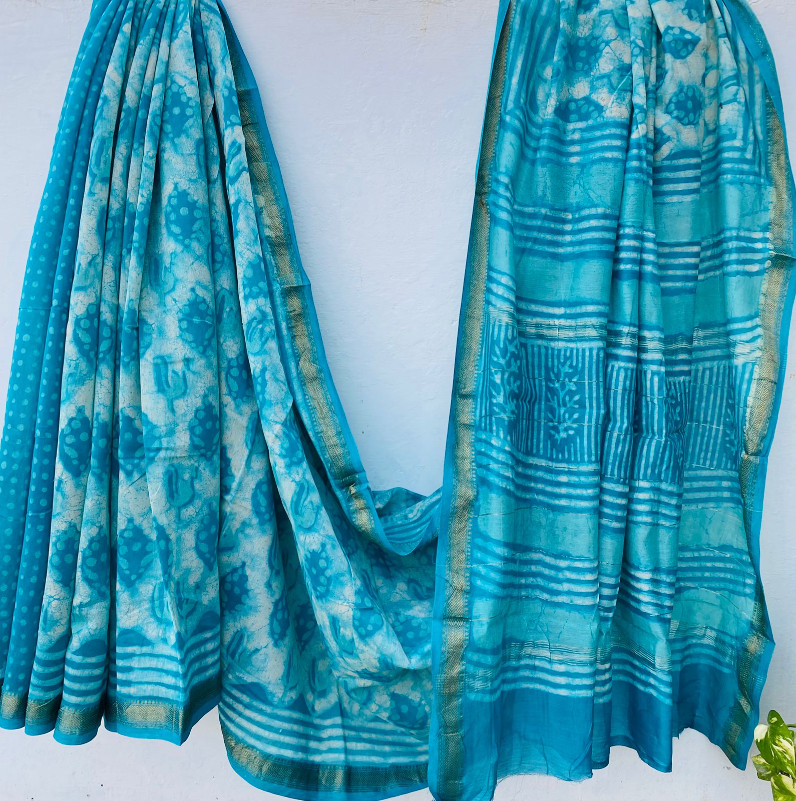 Maheshwari silk saree wholesale, hand block printed turquoise blue, pure silk saree by Fabtexs